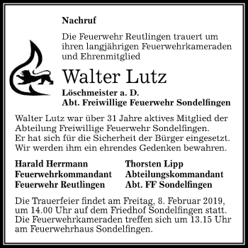 Anzeige von Walter Lutz von Reutlinger General-Anzeiger