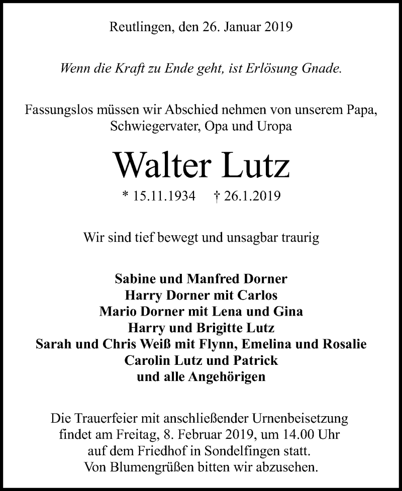  Traueranzeige für Walter Lutz vom 05.02.2019 aus Reutlinger General-Anzeiger