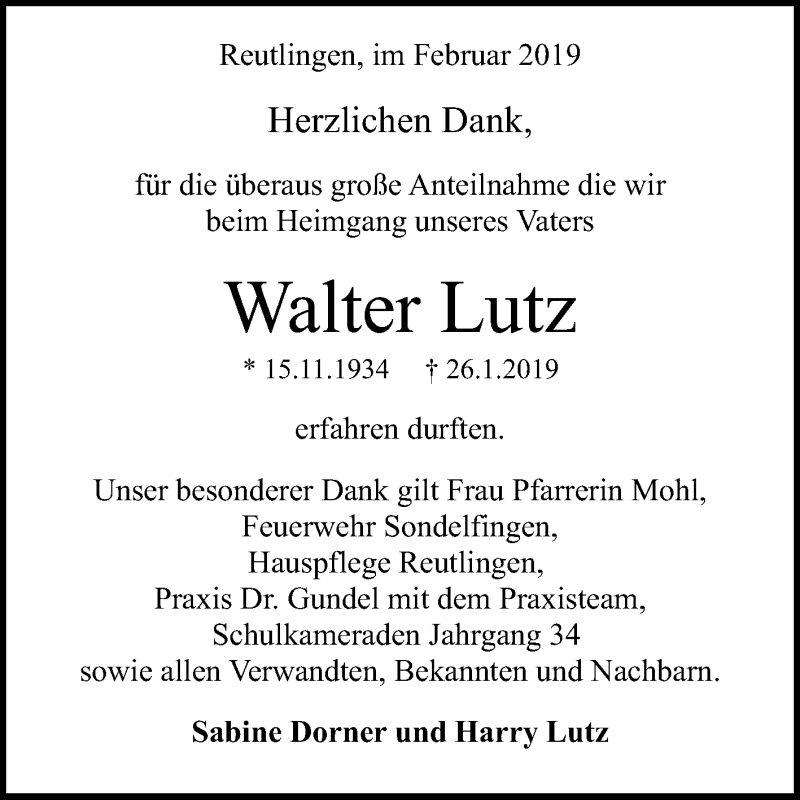  Traueranzeige für Walter Lutz vom 23.02.2019 aus Reutlinger General-Anzeiger