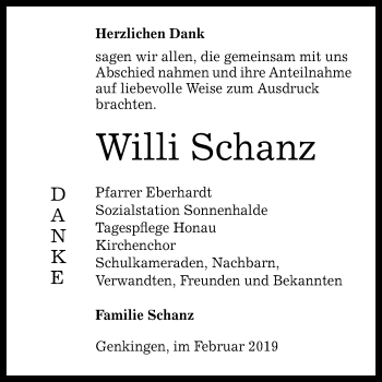 Anzeige von Willi Schanz von Reutlinger General-Anzeiger