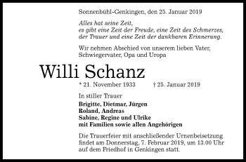 Anzeige von Willi Schanz von Reutlinger General-Anzeiger