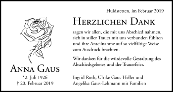 Anzeige von Anna Gaus von Reutlinger General-Anzeiger