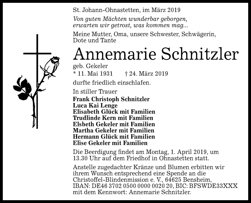  Traueranzeige für Annemarie Schnitzler vom 30.03.2019 aus Reutlinger General-Anzeiger