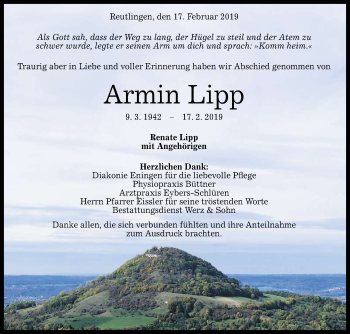 Anzeige von Armin Lipp von Reutlinger General-Anzeiger