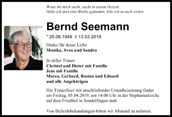 Anzeige von Bernd Seemann von Reutlinger General-Anzeiger