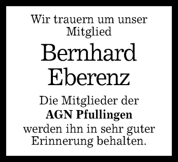 Anzeige von Bernhard Eberenz von Reutlinger General-Anzeiger