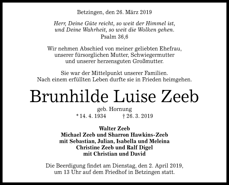  Traueranzeige für Brunhilde Luise Zeeb vom 29.03.2019 aus Reutlinger General-Anzeiger
