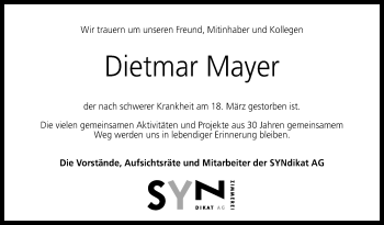 Anzeige von Dietmar Mayer von Reutlinger General-Anzeiger