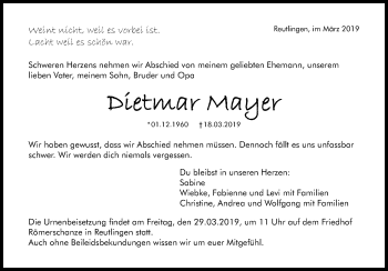 Anzeige von Dietmar Mayer von Reutlinger General-Anzeiger
