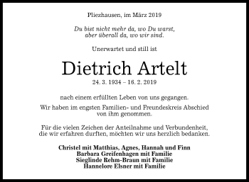 Anzeige von Dietrich Artelt von Reutlinger General-Anzeiger