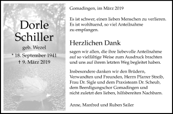 Anzeige von Dorle Schiller von Reutlinger General-Anzeiger