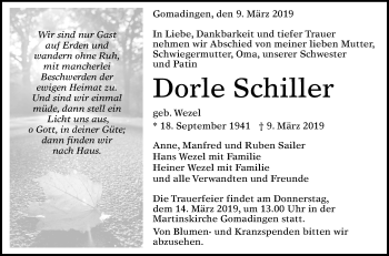 Anzeige von Dorle Schiller von Reutlinger General-Anzeiger