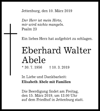 Anzeige von Eberhard Walter von Reutlinger General-Anzeiger