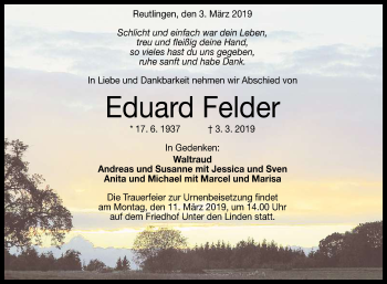 Anzeige von Eduard Felder von Reutlinger General-Anzeiger