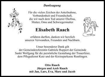 Anzeige von Elisabeth Raach von Reutlinger General-Anzeiger