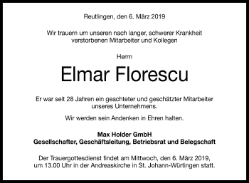 Anzeige von Elmar Florescu von Reutlinger General-Anzeiger