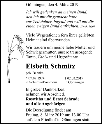 Anzeige von Elsbeth Schmitz von Reutlinger General-Anzeiger