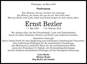 Anzeige von Ernst Bezler von Reutlinger General-Anzeiger
