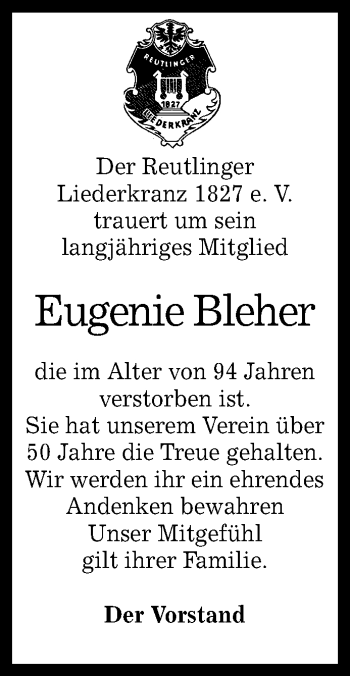 Anzeige von Eugenie Bleher von Reutlinger General-Anzeiger