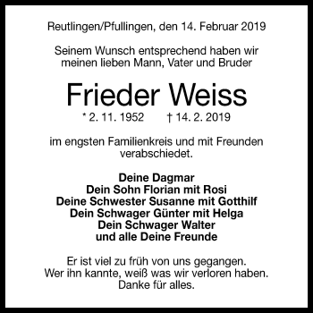 Anzeige von Frieder Weiss von Reutlinger General-Anzeiger