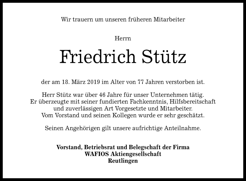  Traueranzeige für Friedrich Stütz vom 22.03.2019 aus Reutlinger General-Anzeiger