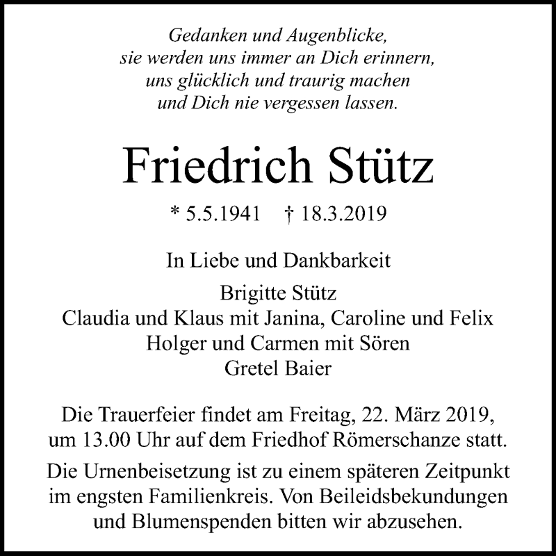  Traueranzeige für Friedrich Stütz vom 20.03.2019 aus Reutlinger General-Anzeiger