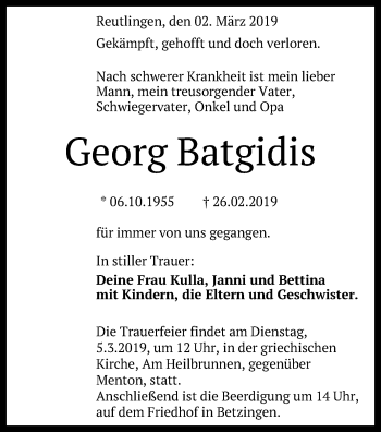 Anzeige von Georg Batgidis von Reutlinger General-Anzeiger