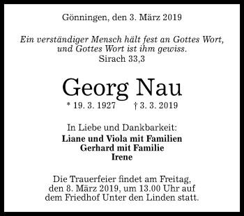 Anzeige von Georg Nau von Reutlinger General-Anzeiger