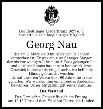 Anzeige von Georg Nau von Reutlinger General-Anzeiger