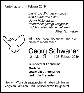 Anzeige von Georg Schwaner von Reutlinger General-Anzeiger