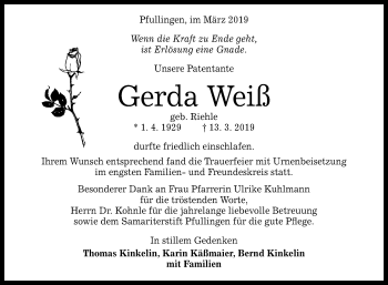 Anzeige von Gerda Weiß von Reutlinger General-Anzeiger