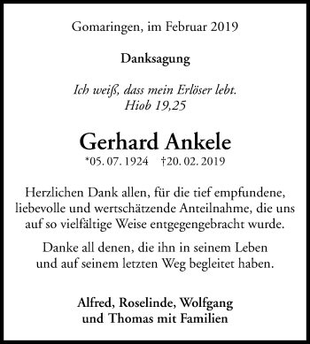 Anzeige von Gerhard Ankele von Reutlinger General-Anzeiger