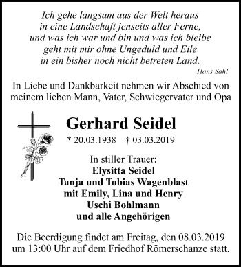 Anzeige von Gerhard Seidel von Reutlinger General-Anzeiger