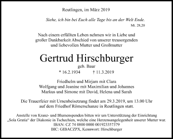 Anzeige von Gertrud Hirschburger von Reutlinger General-Anzeiger