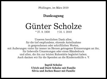 Anzeige von Günter Scholze von Reutlinger General-Anzeiger