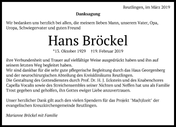 Anzeige von Hans Bröckel von Reutlinger General-Anzeiger