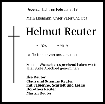 Anzeige von Helmut Reuter von Reutlinger General-Anzeiger