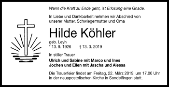 Anzeige von Hilde Köhler von Reutlinger General-Anzeiger