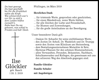 Anzeige von Ilse Glöckler von Reutlinger General-Anzeiger