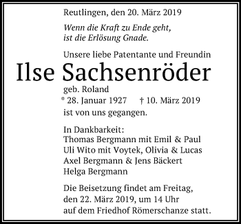 Anzeige von Ilse Sachsenröder von Reutlinger General-Anzeiger