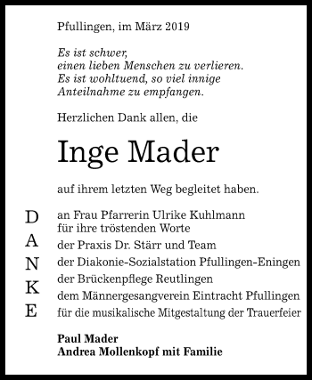 Anzeige von Inge Mader von Reutlinger General-Anzeiger