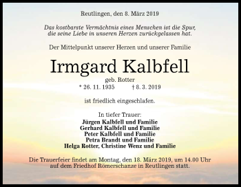 Anzeige von Irmgard Kalbfell von Reutlinger General-Anzeiger