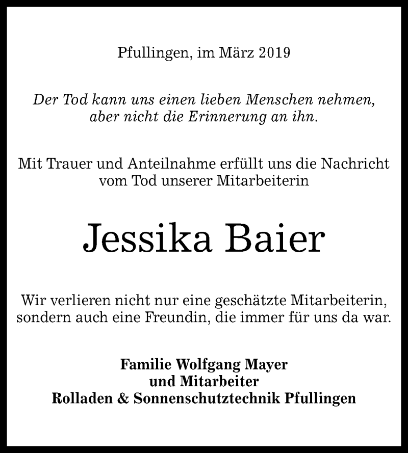  Traueranzeige für Jessika Baier vom 13.03.2019 aus Reutlinger General-Anzeiger