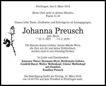 Anzeige von Johanna Preusch von Reutlinger General-Anzeiger