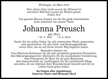 Anzeige von Johanna Preusch von Reutlinger General-Anzeiger
