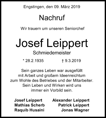 Anzeige von Josef Leippert von Reutlinger General-Anzeiger