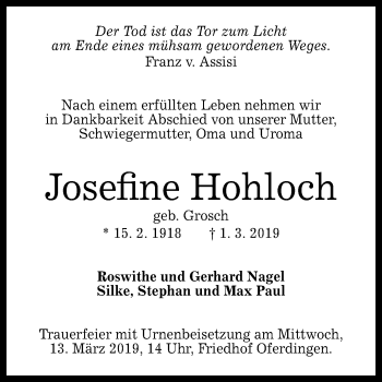 Anzeige von Josefine Hohloch von Reutlinger General-Anzeiger