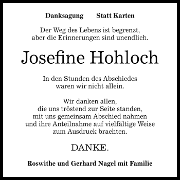 Anzeige von Josefine Hohloch von Reutlinger General-Anzeiger