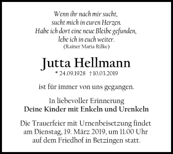 Anzeige von Jutta Hellmann von Reutlinger General-Anzeiger