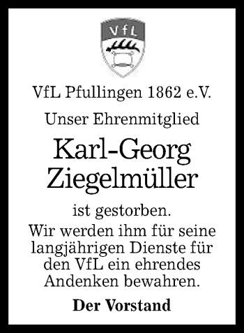 Anzeige von Karl-Georg Ziegelmüller von Reutlinger General-Anzeiger